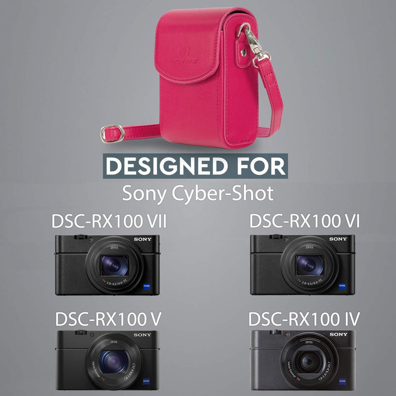 MegaGear MG1561 Leather Camera Case with Strap Compatible with Sony Cyber-Shot DSC-RX100 VI, DSC-RX100 V, DSC-RX100 IV - Hot Pink