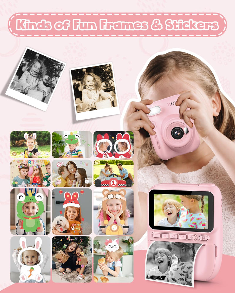 Kids Instant Print Camera, 3.0-inch HD Screen 32MP Photo Instant Digital Camera Christmas Birthday Gifts Toys for Toddle Children Girls Boys Age 3-12 - Pink