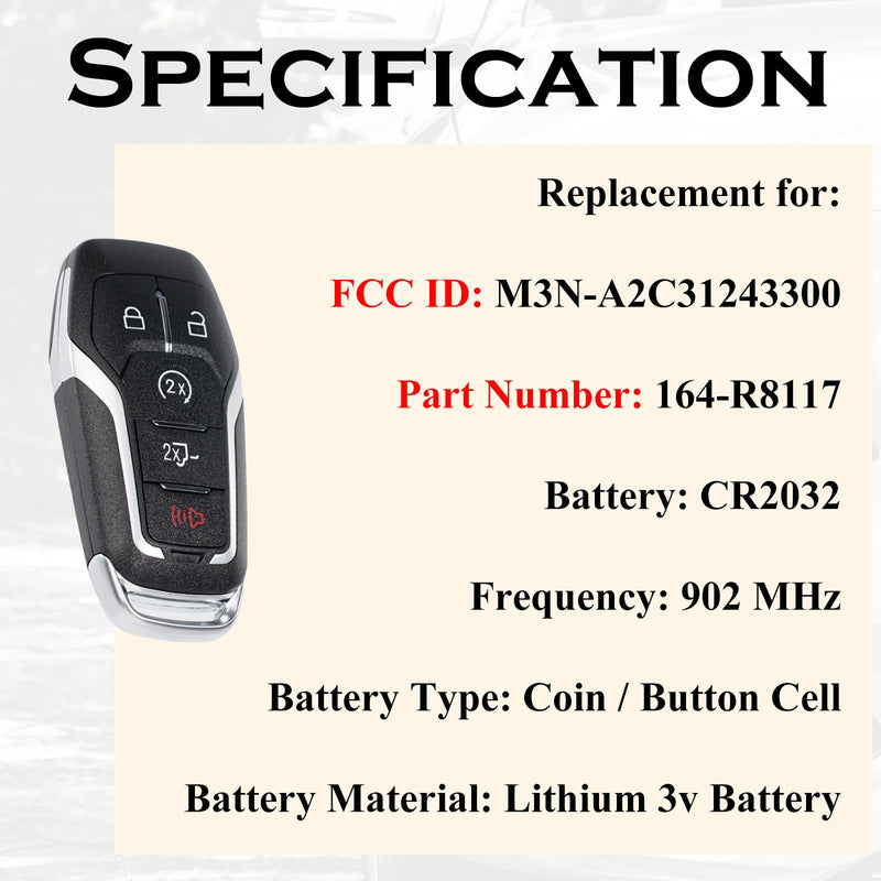 SUPALAND Key Fob Replacement Fits for Ford F-Series F-150 F-250 F-350 F-450 2015 2016 2017 Smart Proximity Keyless Entry Remote Control M3N-A2C31243300 164-R8117