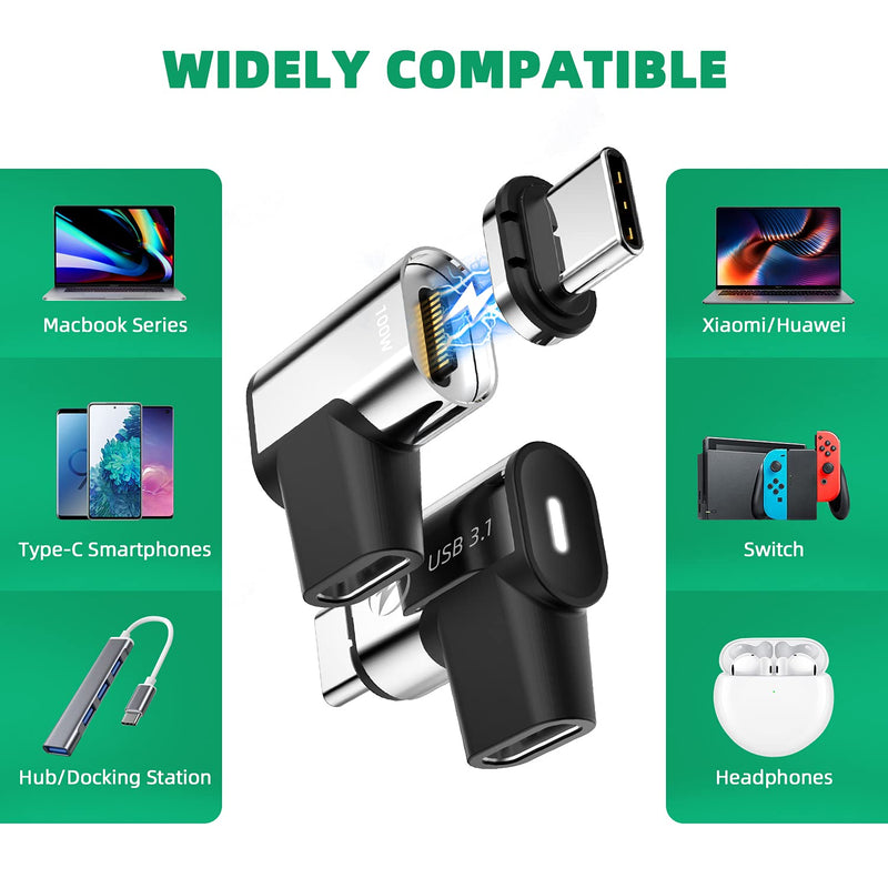 USB C Magnetic Adapter, (2 Pack) Magnetic USB C Adapter, 24Pins USB3.1 10Gbps Data Transfer 4K 60Hz Video PD 100w Charge Compatible with MacBook Pro/Air USB-C Laptop Elbow