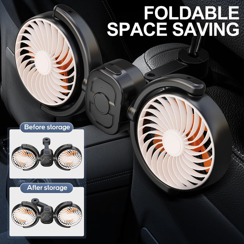 Dealswin Rechargeable Car Fan for Back Seat, Battery and USB Dual Power Car Fans for Baby Kids, Powerful 3 Speeds 360° Rotatable Dual Head Cooling Car Seat Fan Large