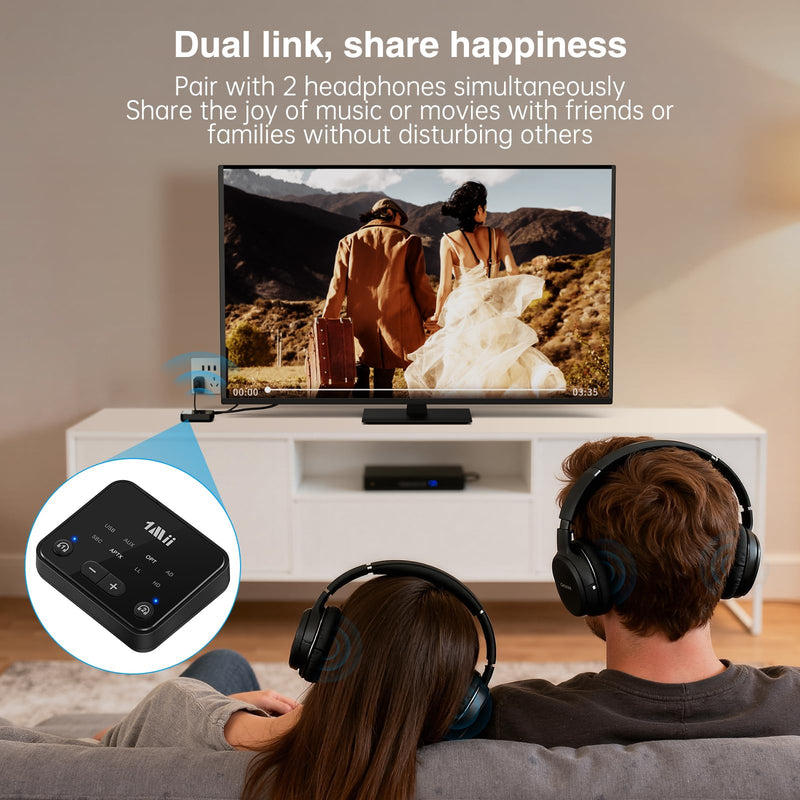 [AUSTRALIA] - [Upgraded] 1Mii Bluetooth 5.3 Transmitter for TV to 2 Wireless Headphones/Speakers, 100ft Long Range Bluetooth Adapter for TV w/Volume Control, Optical/USB/AUX/RCA Audio Inputs, aptX Adaptive & HD 