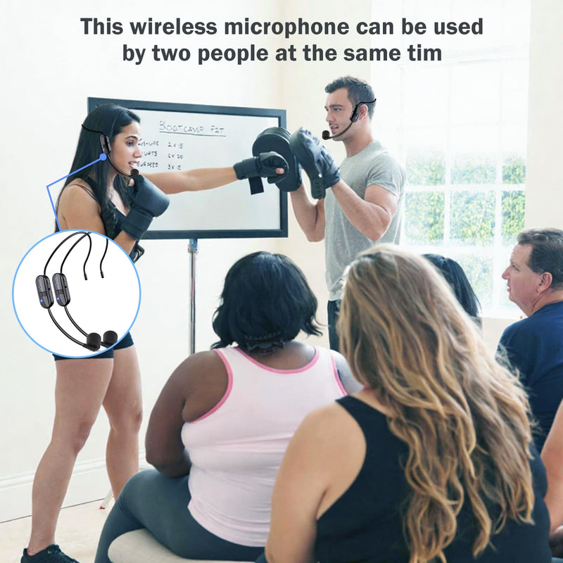 [AUSTRALIA] - Wireless Microphone Headset Double Professional: Cordless Mic Head for Two People, Heads Handheld Mics 2 in 1- USB-C Rechargeable - 1/4'' and 1/8'' Plug for PA System, Voice Amplifier,Teaching,Fitness Black1 
