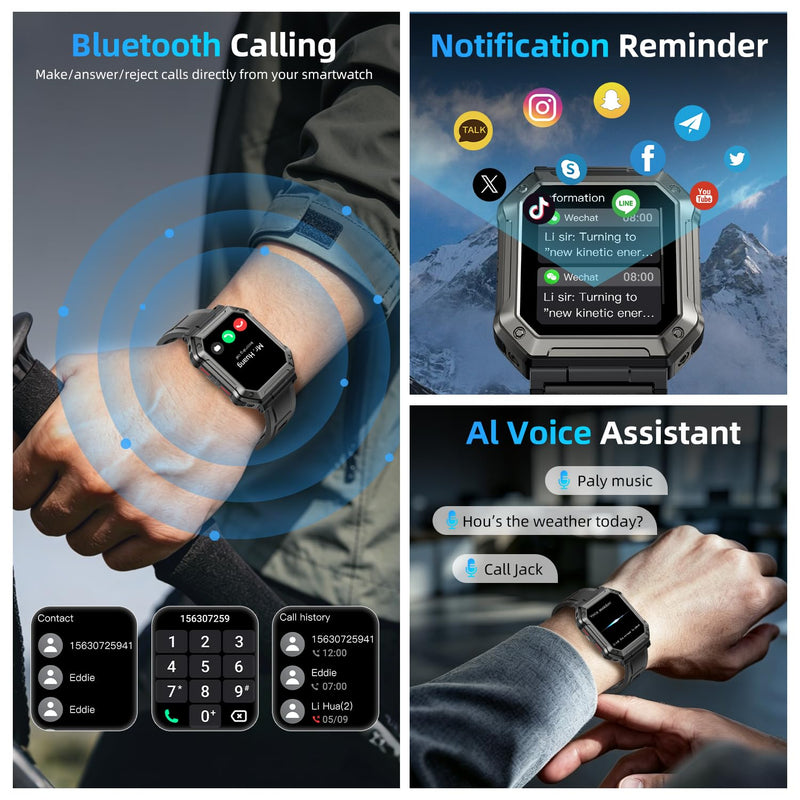 Smart Watch for Men Fitness Tracker: Bluetooth Military Digital Mens Watches Make Answer Call Waterproof Smartwatch Android Phones iPhone Samsung Compatible Running Step Pedometer Heart Rate Monitor Black