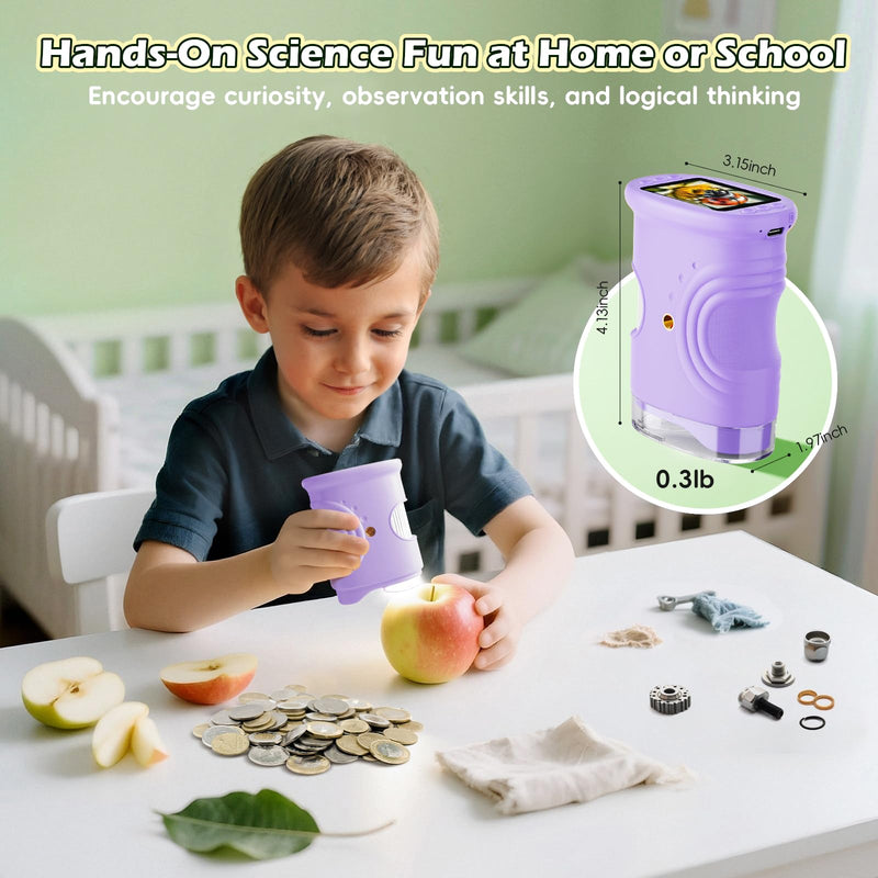 [AUSTRALIA] - Alotwan Kids Digital Microscope 1000X Zoom, Mini Pocket Handheld Microscope with Camera/Video/Telescope Function, Portable Outdoor Travel Toys for Boys Girls 3-8 Years STEM Gifts, 8GB SD Card Included Purple 