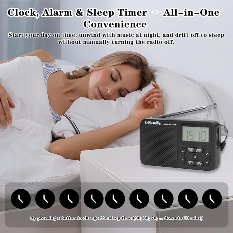 AM FM Radio, Portable Emergency Weather NOAA Radio, Small Digital Radio with Dual Mode Storage, Digital Tuner, Sleep Timer, Wall Plug and Battery Powered (Grey) Grey
