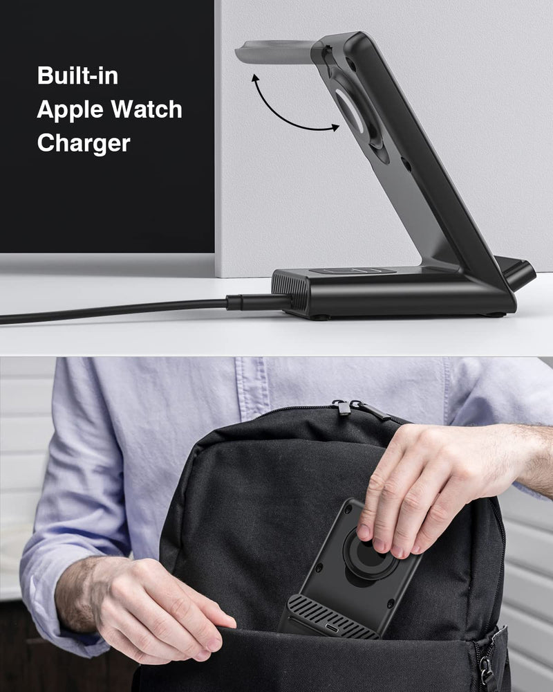 Wireless Charging Station,3 in 1 Wireless Charging Stand Made for Apple Watch Ultra 9 8 7 6 SE 5 4 3,Fast Wireless Charger Made for iPhone 15/Plus/Pro Max/14/13/12/11/X,for AirPods Pro(with Adapter) Black