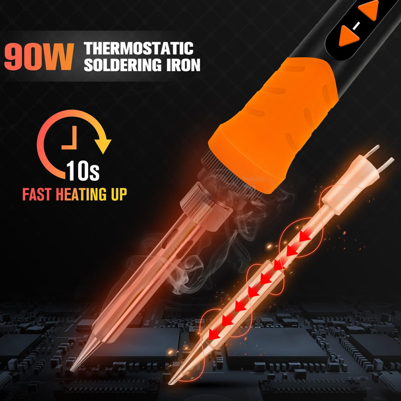 [AUSTRALIA] - Soldering Iron, 90W Soldering Kit, LCD 12-in-1 Soldering Tool, Adjustable Temperature 200-500°C, with 5 x Replaceable Soldering Iron Tips, Desoldering Wire, Lead-Free Soldering Wire, Desoldering Pump, Orange Colour. 
