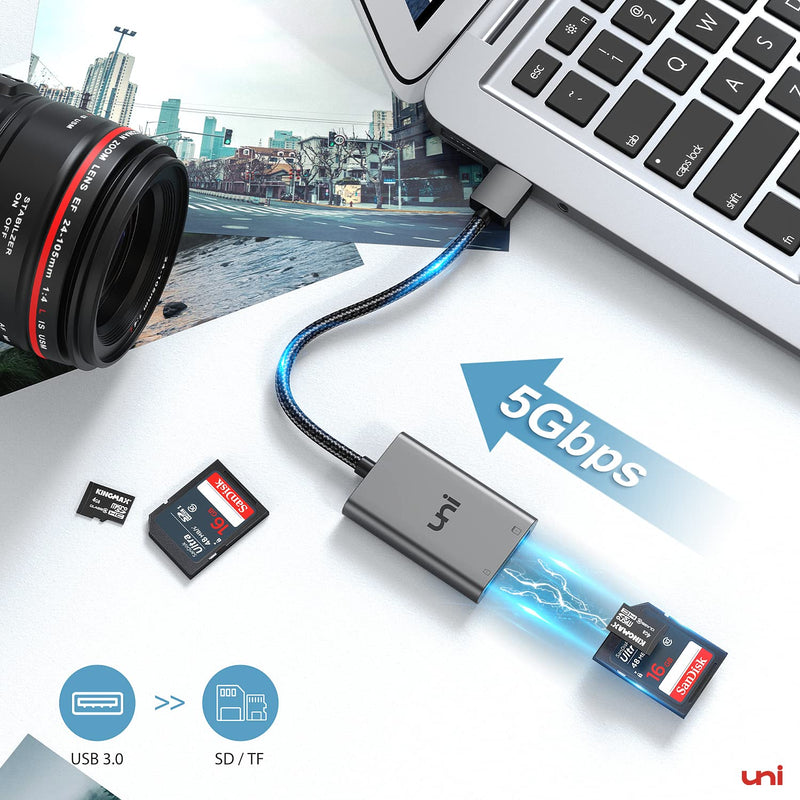 SD Card Reader, uni USB 3.0 to SD/Micro SD Card Adapter, Aluminum High Speed USB to External Memory Card Readers for SD, SDXC, SDHC, MMC, RS-MMC, Micro SDXC, MicroSD, Micro SDHC, and UHS-I Cards