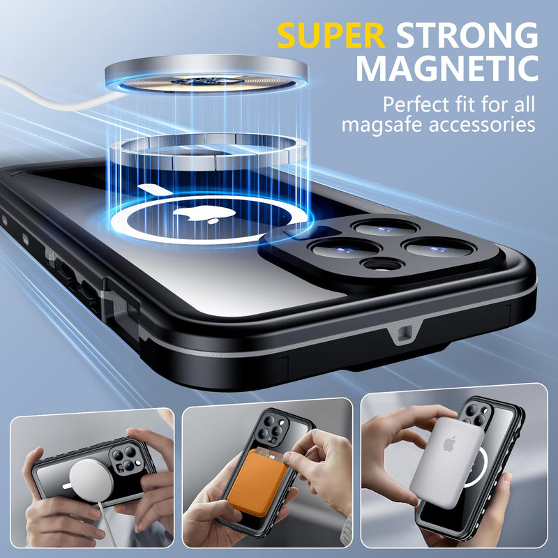 Red2Fire for iPhone 15 Pro Max Case Waterproof, [Built-in Screen Protector & Camera Protector][Compatible with MagSafe][Full Body Shockproof][IP68 Waterproof][Dustproof] Phone Case 6.7" Black/Clear iPhone 15 Pro Max 6.7"