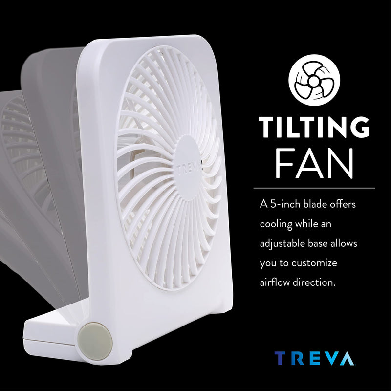 Treva 5-Inch USB And Battery Powered Desk Fan, With 2 Cooling Speeds And Adjustable Tilt (White)