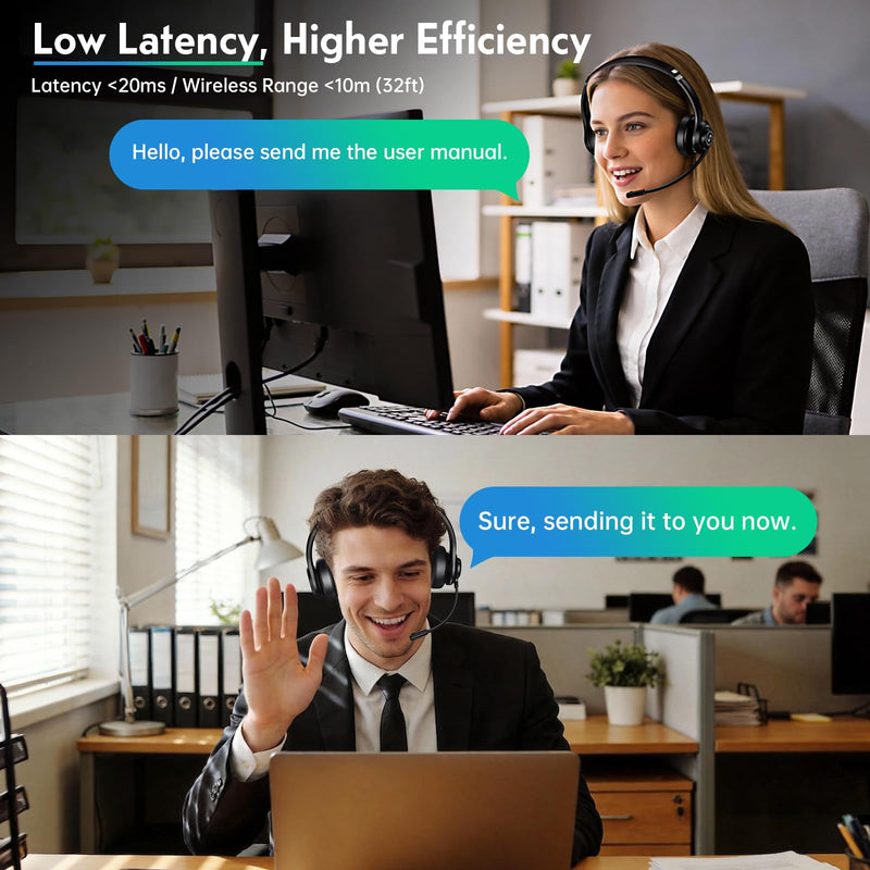 [AUSTRALIA] - Wireless Headset with Mic for Work, Dual-Mode Connectivity, Stable 50+ Playtime& 2.4GHz Dongle Fit for PC/ PS4/ PS5/ Cell Phones, Bluetooth Headset for Work- Call Center/Teams- Black 