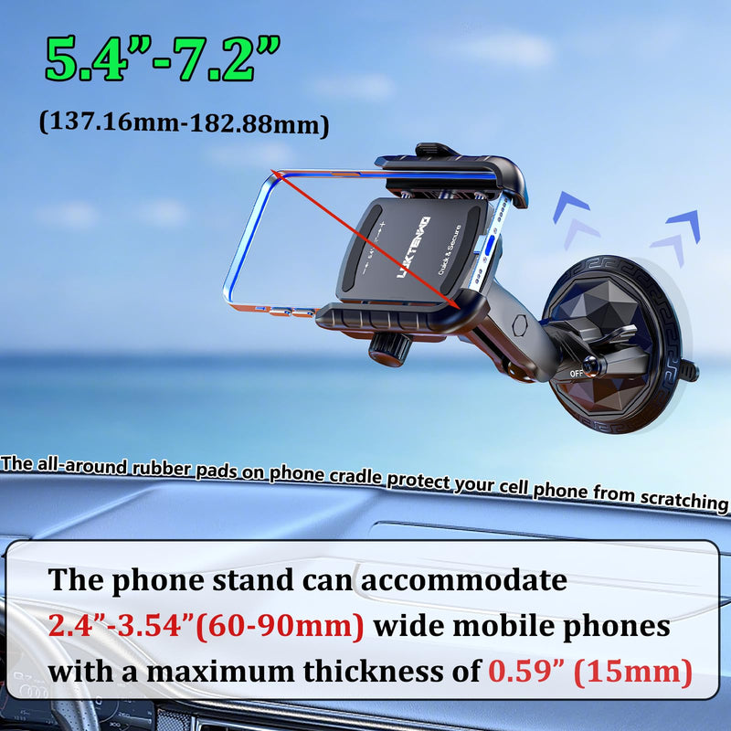 LOKTENWO Car Phone Holder Mount with Vibration Dampener | [Camera Friendly] [1s Lock & Release] Twist-Lock Suction Cup Base for Vehicle Windshields, Fit 5.4''-7.2'' Smartphones