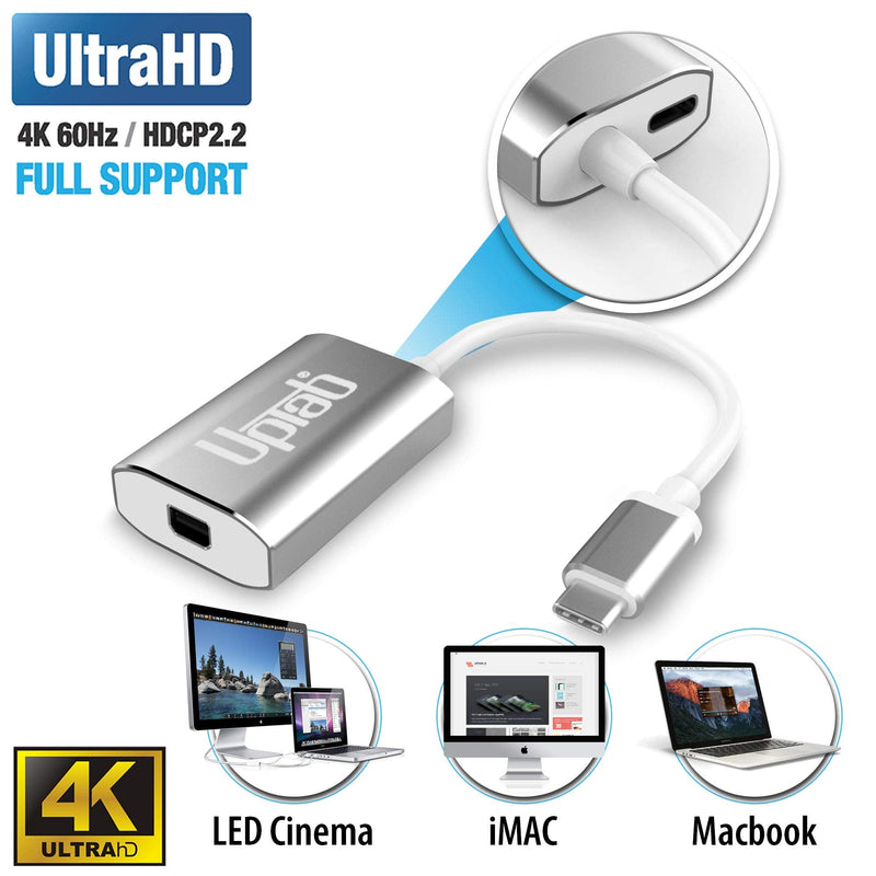 uptab USB-C to Mini DisplayPort Adapter 4K 60Hz, Power Port | Thunderbolt 3 compatible; pass-through USB-C charging; iPhone, MacBook Pro/Air M1-M5, iPad Pro, Mac mini M4, iMac Silver