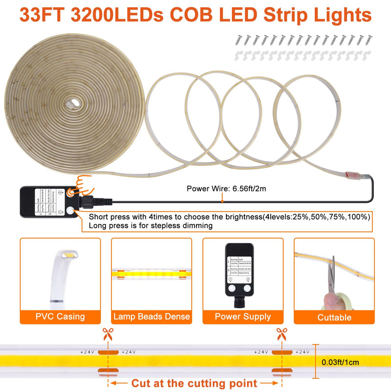 OMIKA 33FT Super Bright 3200LEDs COB LED Strip Lights Outdoor Waterproof, 6000K Cool White Plug in Rope Light Tape Light Flexible with Self-Adhesive Timer Dimmable for House Garden Camping DIY 33FT 3200LED