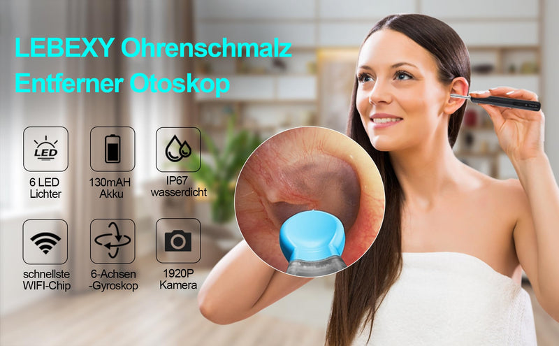 LEBEXY Ear Cleaner Ear Wax Remover Otoscope 1920P WiFi Ear Cleaner Camera with 6 LEDs Ear Camera 10 mm Focal Length Ear Endoscope Ear Cleaning Ear Mirror for Android/IOS/Harmony OS