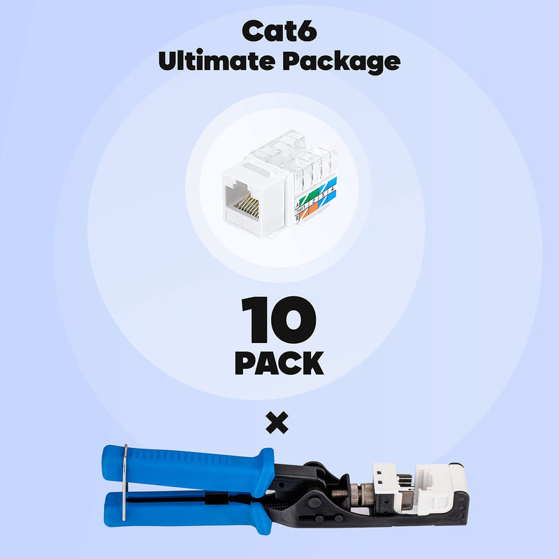 Speed Termination Tool - Easy Punch Down with Stainless Steel Blades For 45 Degree RJ45 LAN Cat6 / Cat5e Keystone Jacks + 10 White Cat6 Keystones Jack Connectors Kit 10 Pack (Cat6)