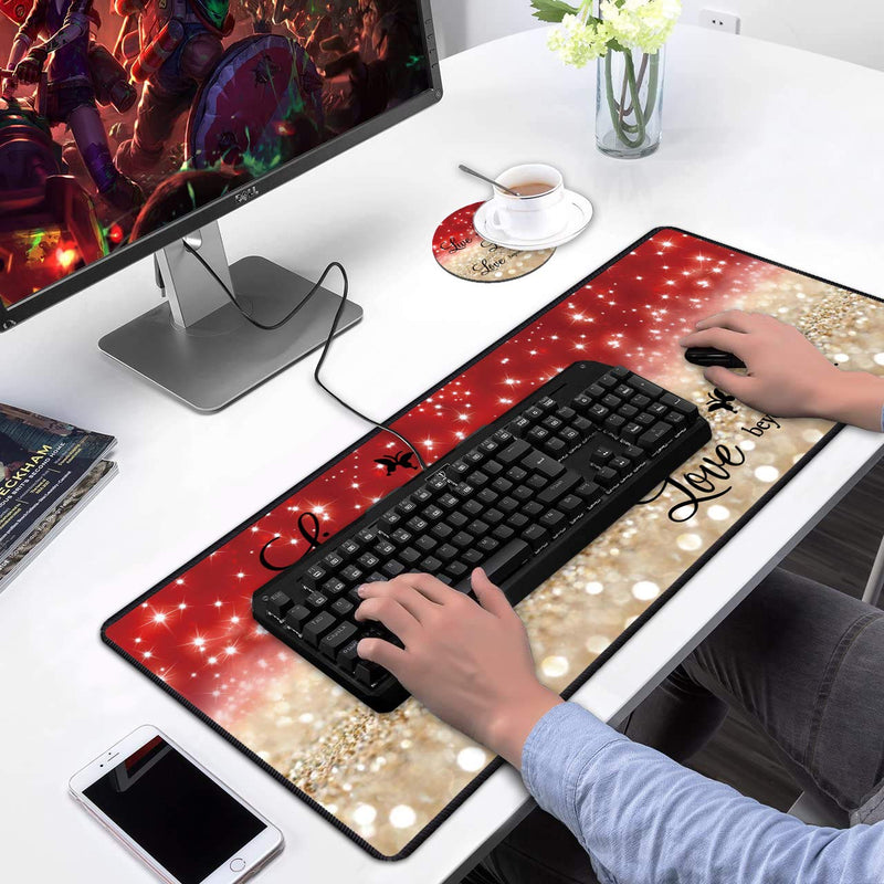 Desk Pad Gaming Mouse Pads with Coasters,31.5"x 11.8" Large Non-Slip Rubber Base Mousepad with Stitched Edges for Office & Home,Red Glitter Quote Live Every Moment, Laugh Every Day, Love Beyond Words