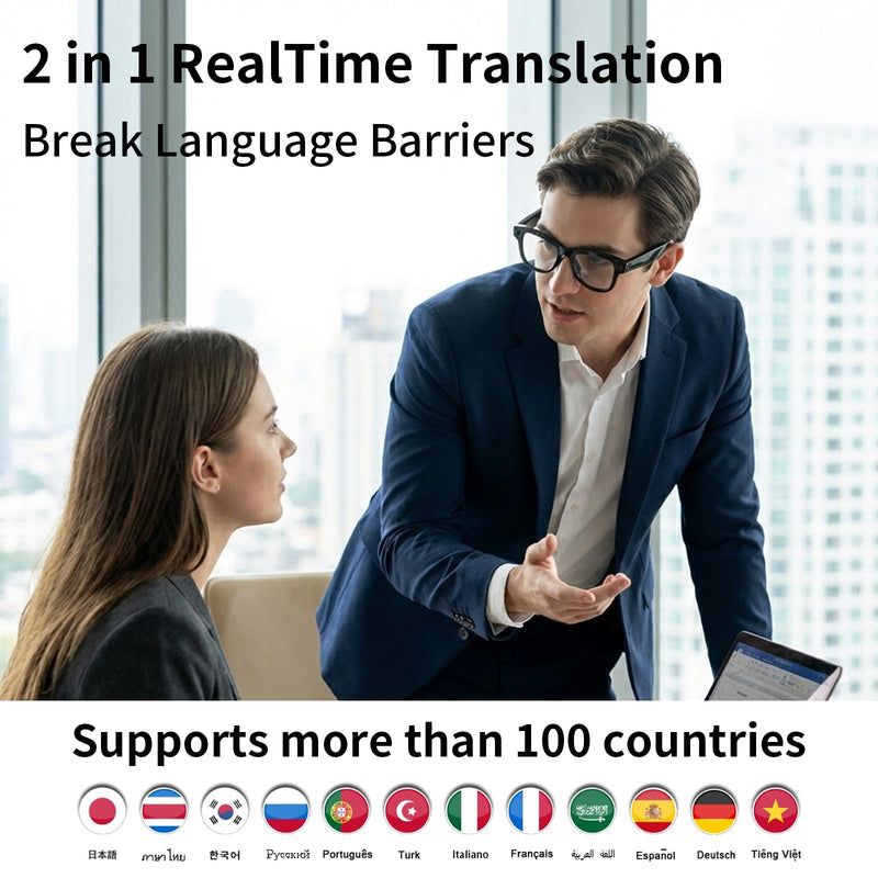 AI Smart Glasses with Camera Stabilization - 8MP POV Video Recording, Real-Time AI Translation, Smart Assistant, Dual-Mic Noise Canceling for Travel & Meetings - Anti-Blue Light, Black Frame