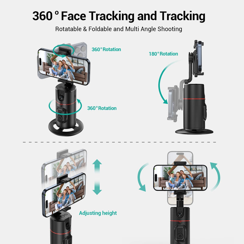 Auto Face Tracking Tripod 360° Rotating Auto Tracking Phone Holder, No App, Phone Camera Stand with Remote and Gesture Control, Smart Shooting Stand for Vlog/TIK Tok Live Video Recording Black