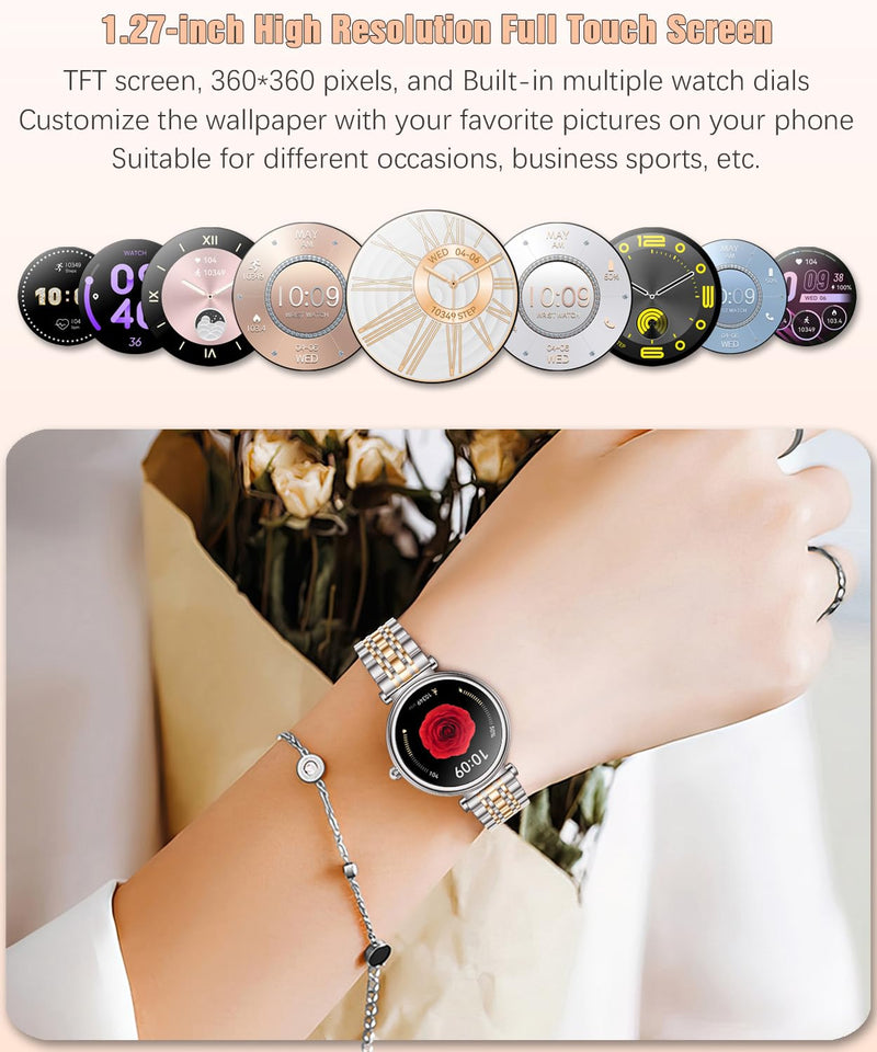 Watch for Women, 1.25" AMOLED HD Screen Women's Smartwatch, Fitness Tracker with Heart Rate/Sleep Monitor, Bluetooth Call, IP67 Waterproof, Compatible with iOS & Android (Two-Tone Silver) Two-Tone Silver