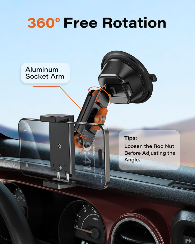 A2C Heavy Duty Suction Cup Phone Mount with Aluminum Alloy Arm & Clamp, 66LBS Vacuum Suction Phone Mount for Windshield Dashboard, Universal Car Phone Holder for All Phones Fit Jeep Wrangler, F150