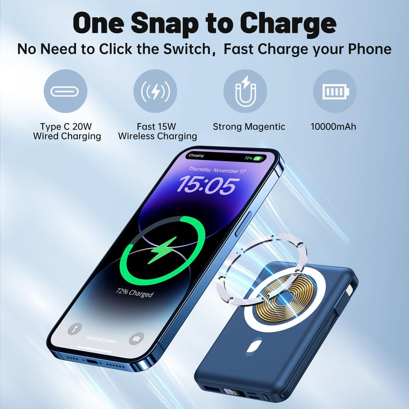 Yiisonger for Magsafe Battery Pack - 10000mAh Portable Charger for Mag-Safe 22.5W PD Fast Charging with Built-in Cables LED Display, Magnetic Power Bank for iPhone 16/15/14/13/12/Pro/Mini/Pro Max Blue