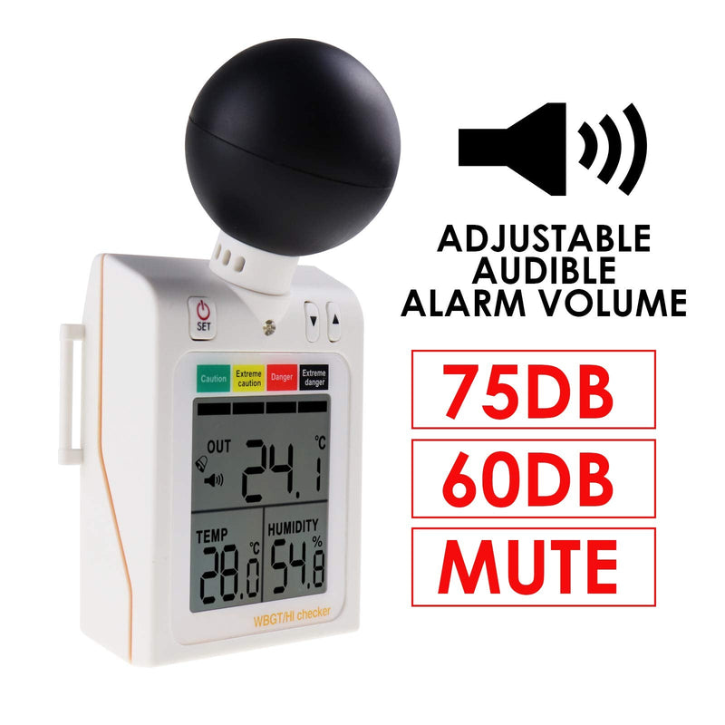Portable 2 in 1 WBGT + HI Heat Index Checker Wet Ball Globe Temperature Heat Stress Meter Air Temperature Humidity Tester with Acoustic Alarm to Display Dangerous Levels Portable WBGT + HI-Checker