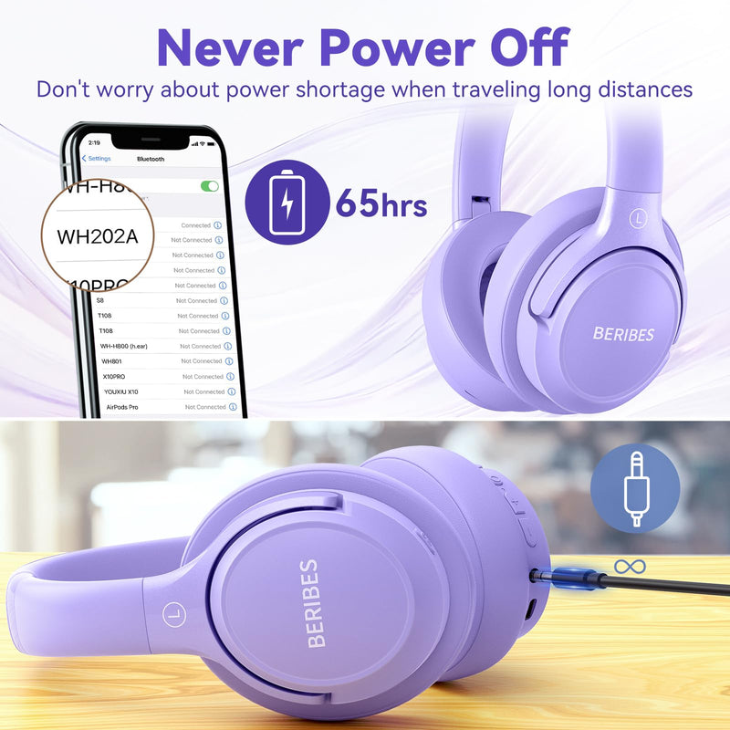 BERIBES Bluetooth Headphones Over Ear Wireless HiFi Stereo Headsets 65H 6EQ | Bluetooth 6.0,with Built-in HD Mic,Foldable Lightweight,Comfort Fit,Fast Charging,Deep Bass for Home Office Cellphone PC Ect. Purple