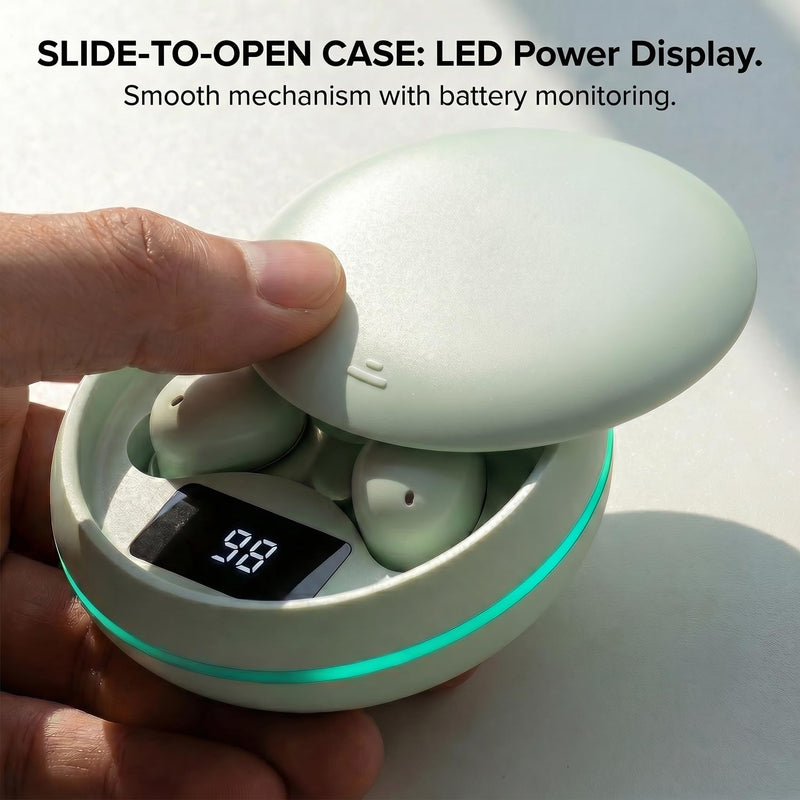 Sleep Earbuds, Bluetooth 5.4 in-Ear Headphones, Peppermint Green | Asymmetric chamber for side sleepers, LED power display, built-in mic, portable charging case