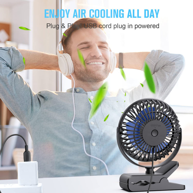 BESKAR USB Powered Clip on Fan, 6 Inch Portable Fan with Cord, 3 Speeds Strong Airflow, Small Fan with Sturdy Clamp, Quiet Personal Desk Fan & Clip Fan Black Blue Blades