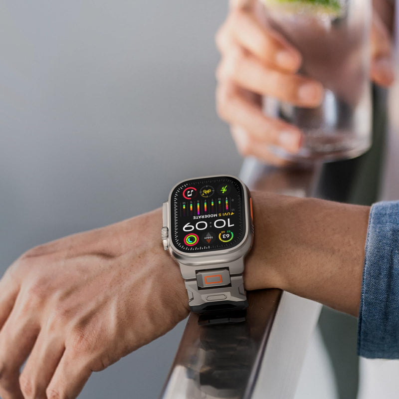 Band for Apple Watch ULTRA 2 & ULTRA - Fluororubber (FKM) Sport Band Metal Connector Band 49mm for Apple Watch Ultra 2/Ultra/Series 10/9/8/7/6/5/4 SE 46mm 45mm 44mm 42mm Rugged Durable Strap Black-Titanium