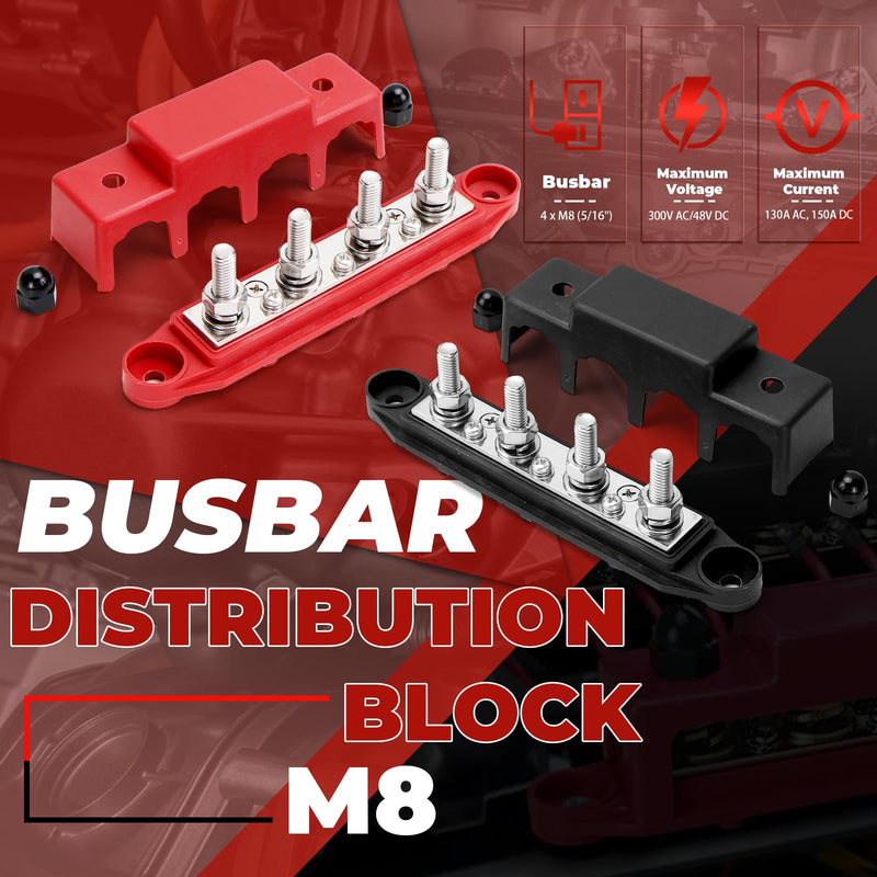 Power Distributor Busbar Block, 12V-48V DC, 250A, 4M8 Terminal Bolts, Pack of 2, Black/Red (A-Black and Red) A-Black and Red