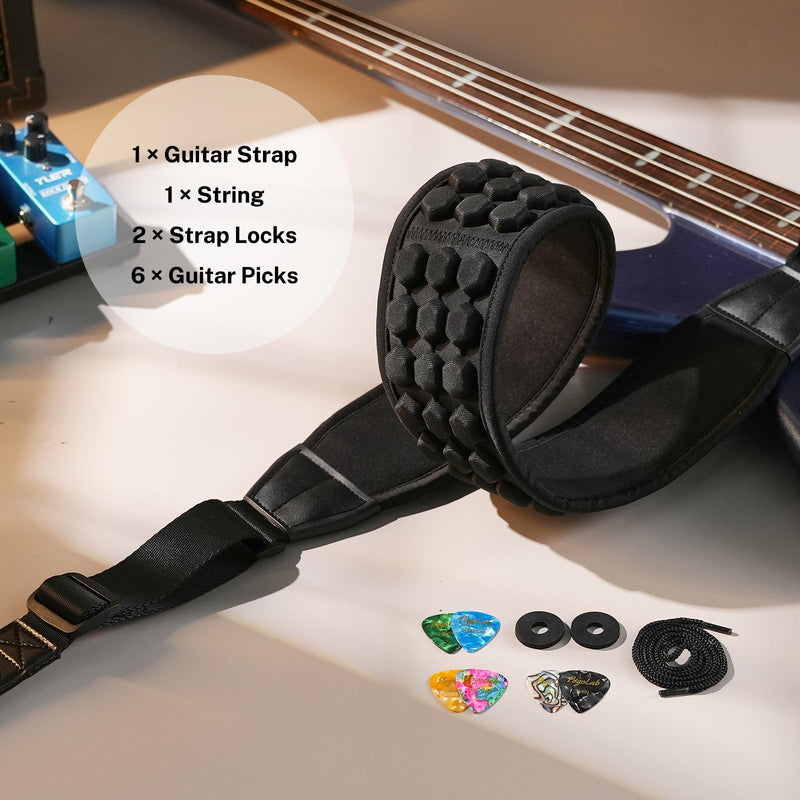 Guitar Strap, 3.5" Wide Air Cell Cushions Neoprene Padded Comfortable Bass Strap, with Strap Picks, for Bass Guitar Black Regular (47"-55")