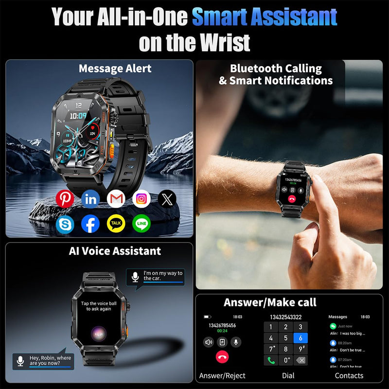 Military Smart Watch for Men, 2.01" Screen Watch with 1200mAh Battery | Bluetooth Calling, Built-in Flashlight, 5ATM Waterproof, and 110+ Sports Modes Compatible with Android and iPhone Black-WL-H01