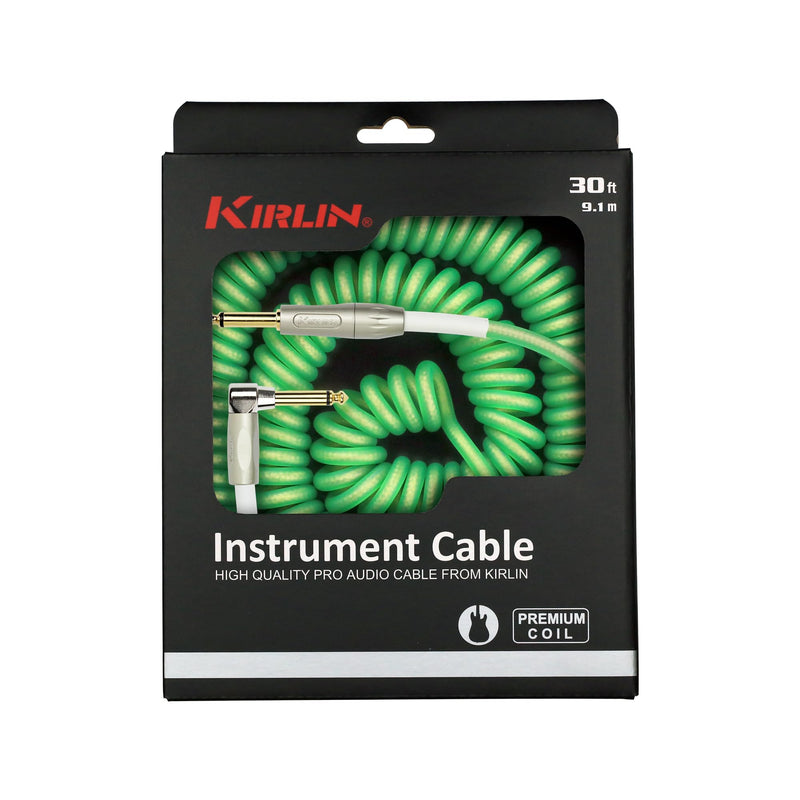 KIRLIN Cable Kirlin IMK-202PFGL-30/GRF-Straight to Right Angle ¼” Premium Coil Instrument Cable, Green Translucent PVC Jacket-30ft, 1/4" Mono Plug, (IMK-202PFGL-30/GRF)