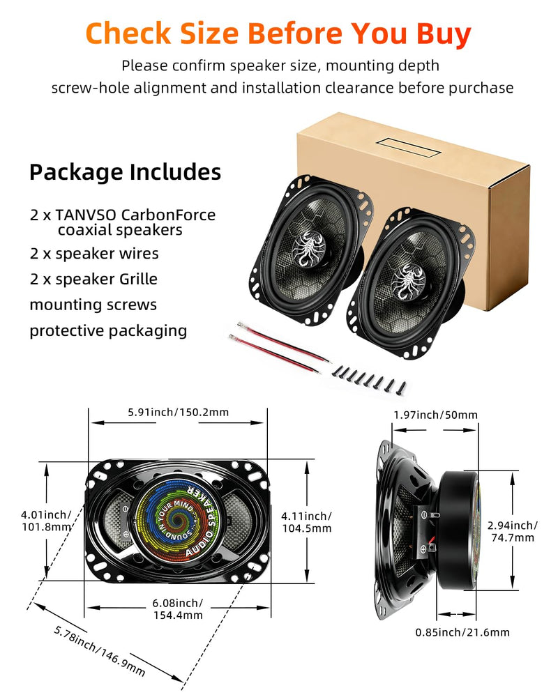 CarbonForce 4x6 Speakers, 800W Peak 4 Ohm 4x6 Car Speakers, 4 x 6 2-Way Coaxial Speakers with Honeycomb-Weave Carbon Fiber Cone, N48 Tweeter for Dash & Rear Panel, 2 Pack Black 4x6 Inch / 4 x 6 Inch