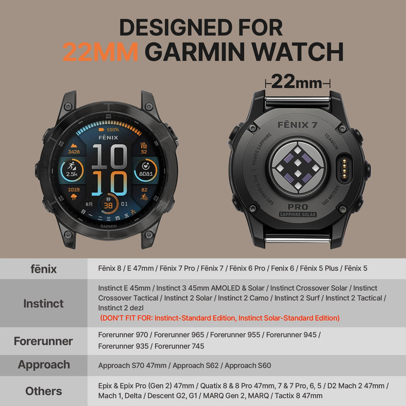 Bandletic 22mm Quick Fit Compatible with Garmin Instinct 3 Watch Bands | Leather Strap for Fenix 8 47mm/5 Plus/6/Instinct 3 E 45mm 2 /Forerunner 970/965/955/Quatix 8/Approach S70/S62/Epix/Descent G2 Camel 22