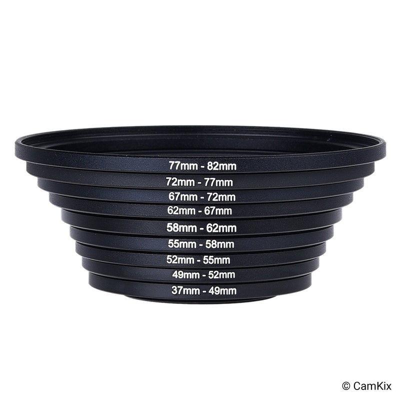 Step Up Lens Filter Adapter Rings - Set of 9 - Allows You to Fit Larger Size Lens Filters on a Lens with a Smaller Diameter - Sizes: 37-49, 49-52, 52-55, 55-58, 58-62, 62-67, 67-72, 72-77, 77-82 mm Step Up Lens Filter Adapter Kit - Set of 9