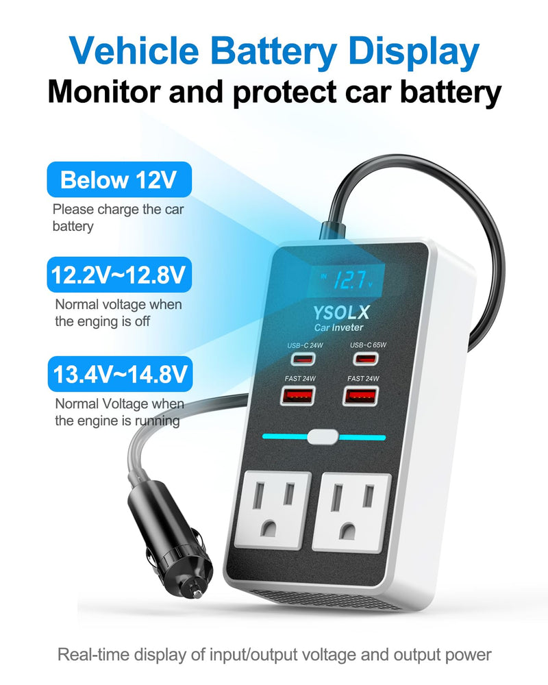 YSOLX 300W 12V to 110V Car Power Inverter | 65W USB-C,4 USB Post,Dual AC Car Plug Adapter Outlet,LED display.Suitable for Car Trips, Camping,Laptop white