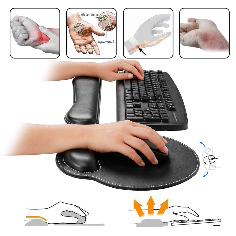 RICHEN Ergonomic PU Leather Keyboard Wrist Rest and Mouse Pad with Wrist Support, Memory Foam Set for Computer/Laptop,Gaming and Office, Comfortable for Easy Typing & Pain Relief (PU Black) Pu Black