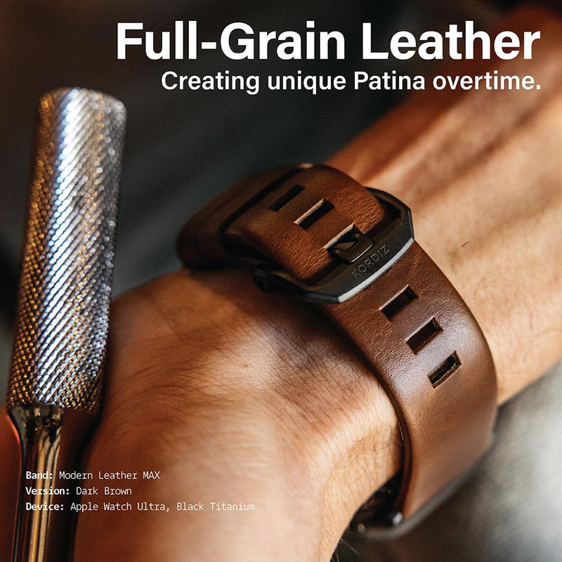 KORDIZ Modern Leather MAX Band for Apple Watch Ultra 3, Ultra 2 & Ultra (49mm) – Premium Full-Grain Leather Strap for Men, Rugged Modern Design, Stainless Steel Buckle, Comfortable Everyday Fit – 26mm Wide Leather Band ULTRA Silver 49mm | Dark Brown