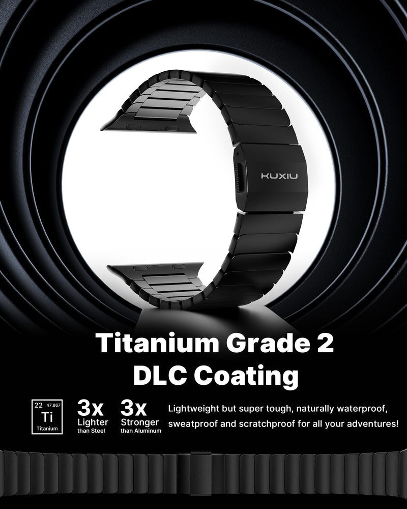 KU XIU Titanium Band for Apple Watch Ultra 2 / Ultra 49mm / Series 10 46mm, Adjustable Titanium Watch Band for Men, Premium Color Matching Watch Band with DLC Scratch Resistant Coating-Black Black