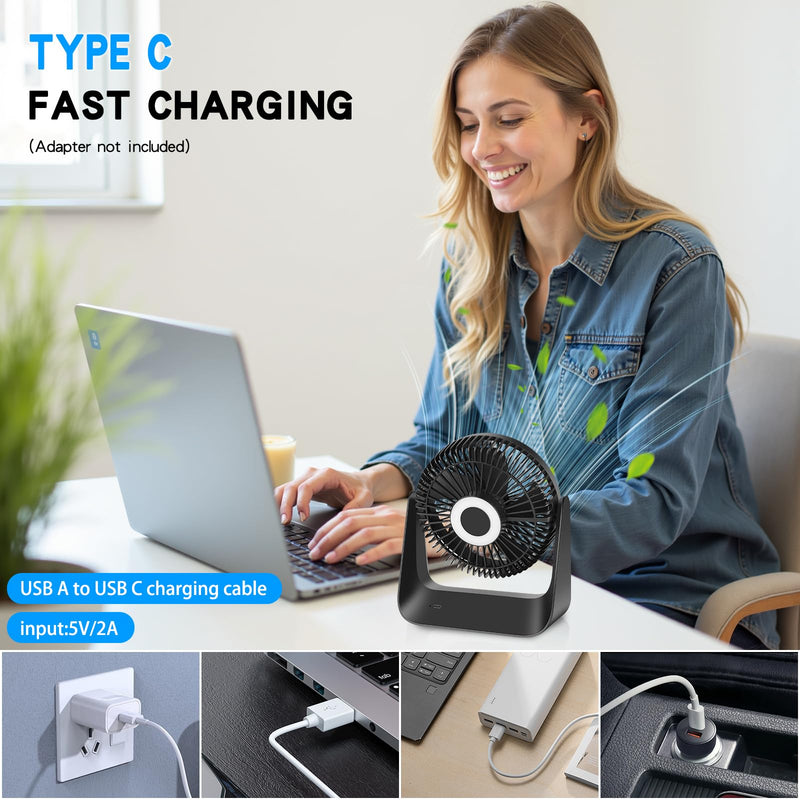5000mAh Small Desk Fan 6-Inch, Portable Desktop Fan with Intelligent temperature control function,Small Battery Operated USB Fan with Light & Hook for Bedroom, Home, Office, Travel & Cruise M BK