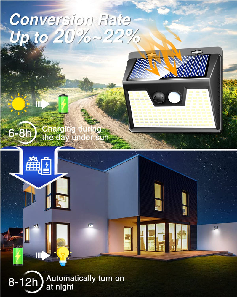 Peasur Solar Lights Outdoor Motion Sensor, 6 Pack 140 LED Solar Powered Fence Light Waterproof, 3 Modes Security Wall Lighting for Outside Yard Deck Garden Black Frame
