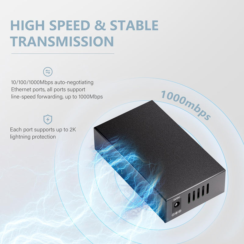 5-Port Gigabit Ethernet Switch, Unmanaged Home Network Switch Hub, Ethernet Splitter | Auto-Sensing Ports | Plug-and-Play | Silent Operation | Black Metal Case | Limited Lifetime Protection BLY-5GE