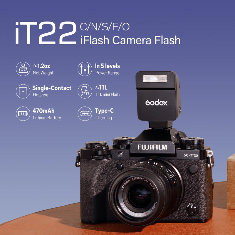 GODOX IT22 S TTL MINI iFlash Camera Flash Light,700+ Flashes & 1.5 s Recycling,6 Stops (1/32 to 1/1 Power),Built in Battery with Magnetic Diffuser & Filter (Black, for Sony) Black