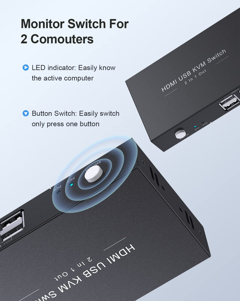 HDMI KVM Switch 1 Monitors 2 Computers, USB KVM Switches Sharing 4 USB, Support Wireless Keyboard and Mouse, Powered by USB, with 2 HDMI and 2 USB Cables…