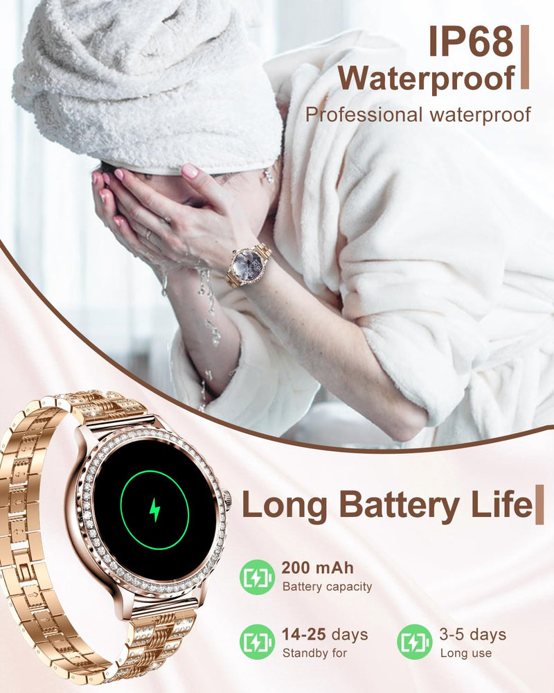 Smart Watches for Women(Make/Answer Call) with Diamond:1.3" Fitness Tracker Watch for HR/Blood Pressure/SpO2/Sleep Monitor,Digital Running Watches for Women Android/iOS, 2 Straps Elegant Rosegold
