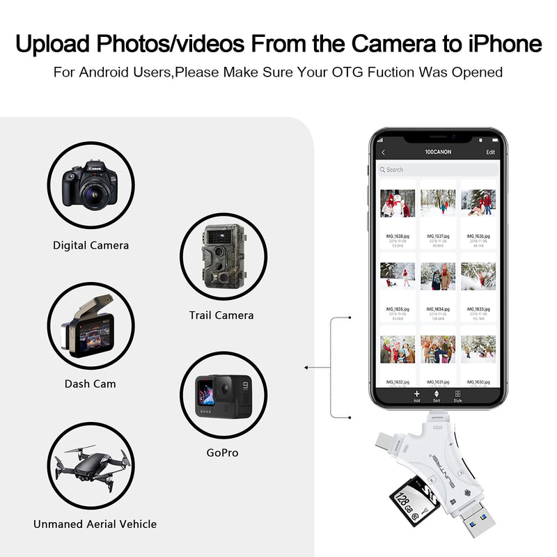 SD Card Reader for iPhone / ipad / Android / Mac / Computer / Camera,4 in1 Micro SD Card Reader Trail Camera Viewer, Portable Memory Card Reader SD Card Adapter Compatible with SD and TF Cards(White) white